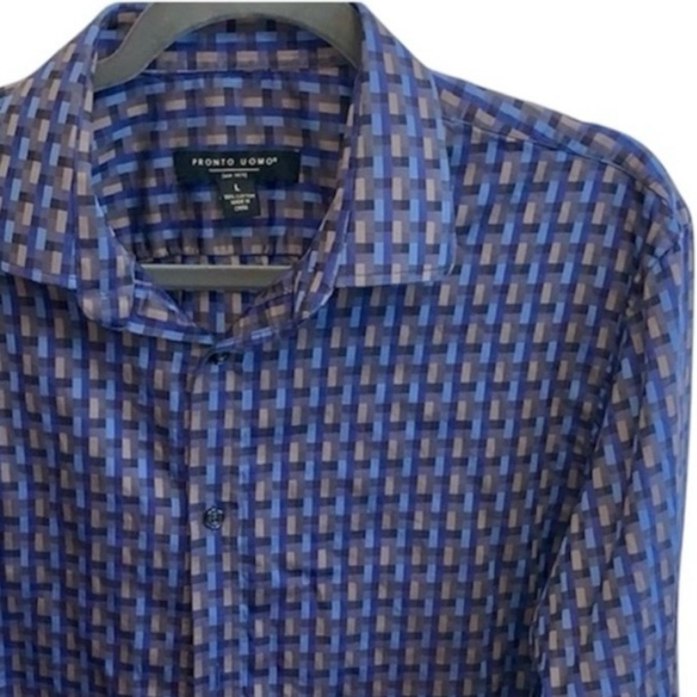 PRONTO UOMO Casual Button Front Oxford Shirt Blue Geometric Pattern Mens Size L